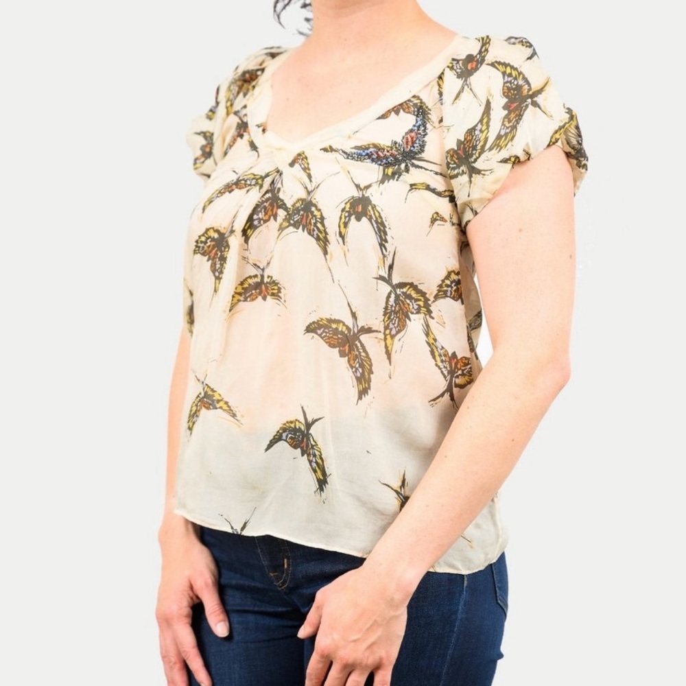 ANTHROPOLOGIE Moulinette Soeurs Silk & Embroidered Swallows Blouse - Size 2